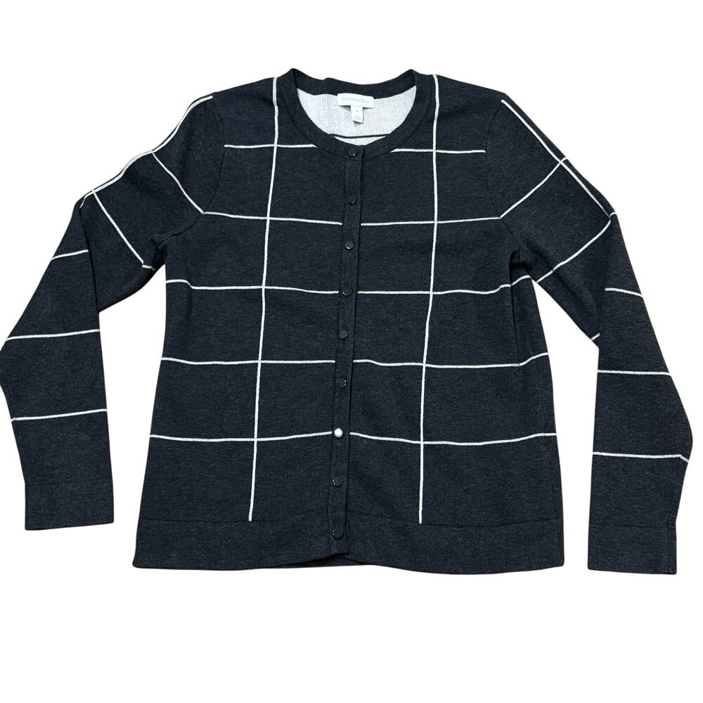 Charter Club Crew Neck Cardigan Windowpane Sweater Women's M Charcoal Gray Ivory